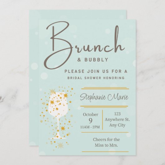 Mint gouden bubbels en brunch douche uitnodiging (Voorkant / Achterkant)