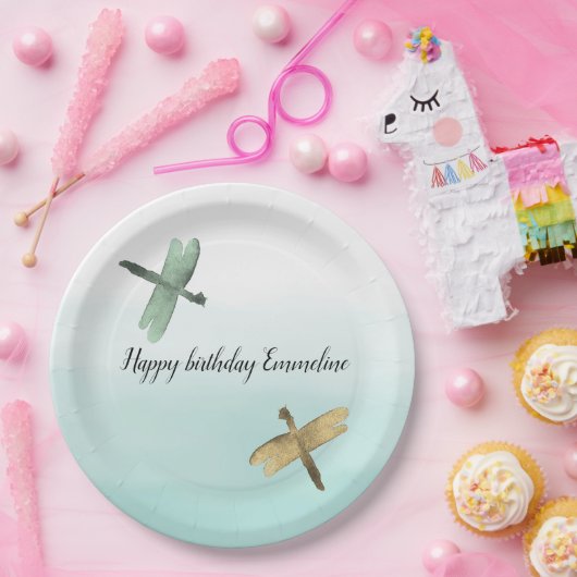 Mint gouden libellen Ombre Waterverf Papieren Bordje (Feest)