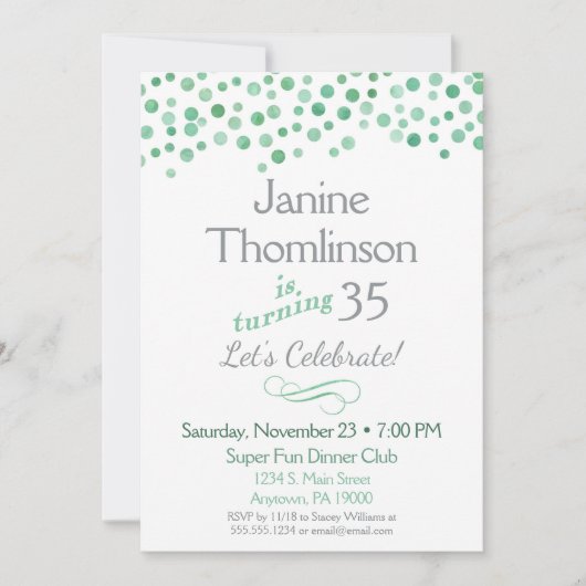 Mint Gray Birthday Uitnodiging Confetti Waterverf (Voorkant)