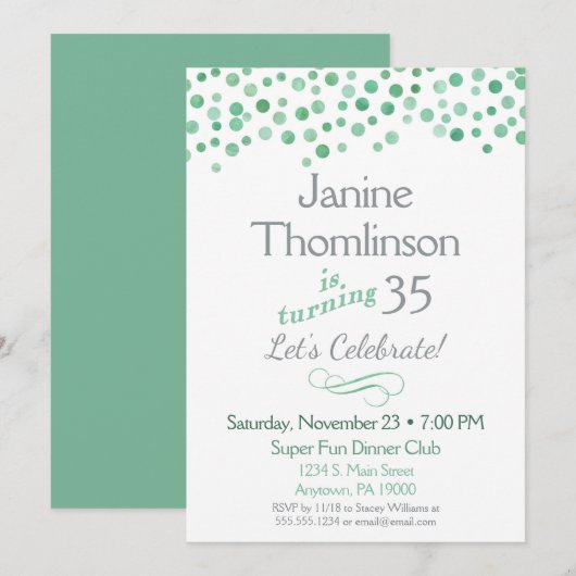 Mint Gray Birthday Uitnodiging Confetti Waterverf (Voorkant / Achterkant)