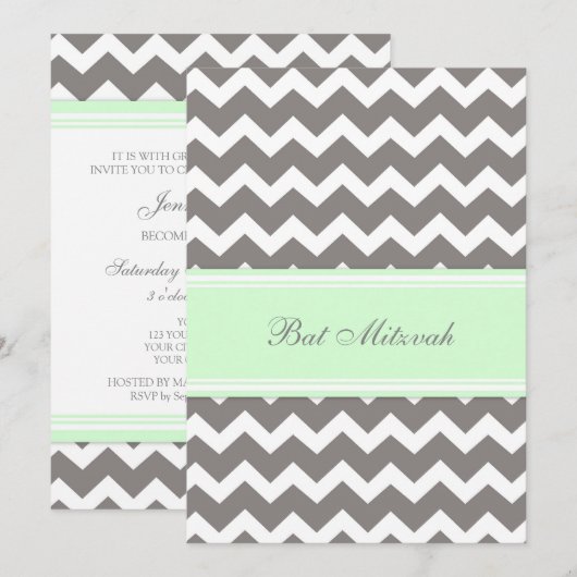 Mint Gray Chevron Bat Mitzvah Invitaties Kaart (Voorkant / Achterkant)