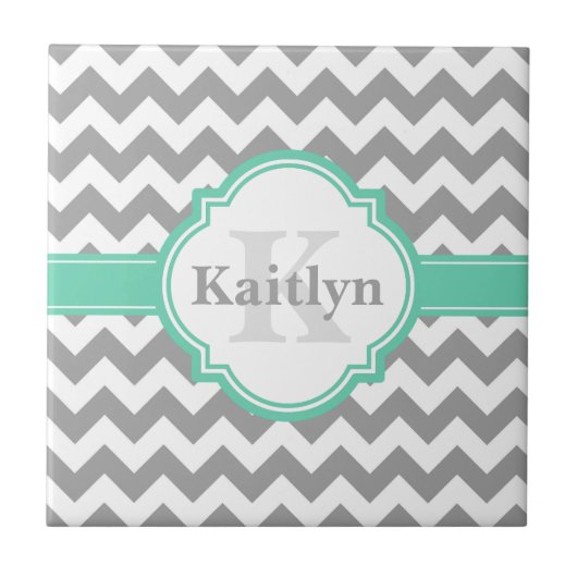 Mint Gray Chevron Pattern & Moroccan Quatrefoil Tegeltje (Voorkant)