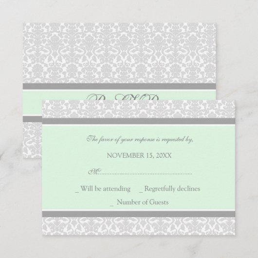 Mint Gray Damask RSVP Weddenkaart Kaartje (Voorkant / Achterkant)