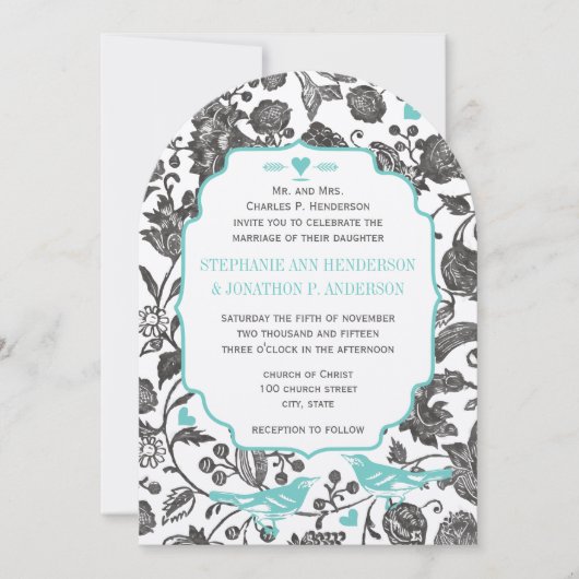 Mint Gray Floral Pattern Love Bird Wedding Kaart (Voorkant)