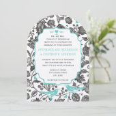 Mint Gray Floral Pattern Love Bird Wedding Kaart (Staand voorkant)