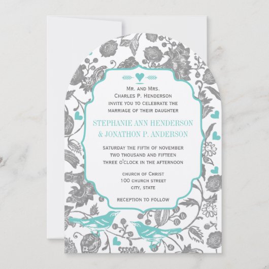  Mint Gray Floral Pattern Lovebird Wedding Kaart (Voorkant)