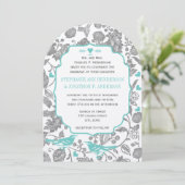  Mint Gray Floral Pattern Lovebird Wedding Kaart (Staand voorkant)
