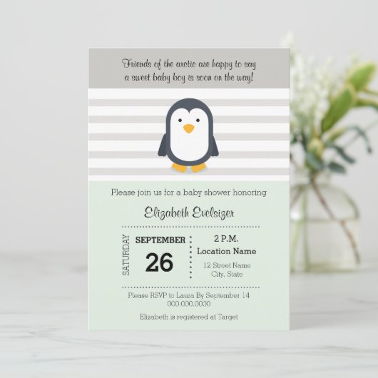 Mint Gray Penguin Baby shower Uitnodiging (Staand voorkant)