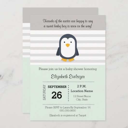 Mint Gray Penguin Baby shower Uitnodiging (Voorkant / Achterkant)