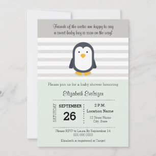 Mint Gray Penguin Baby shower Uitnodiging
