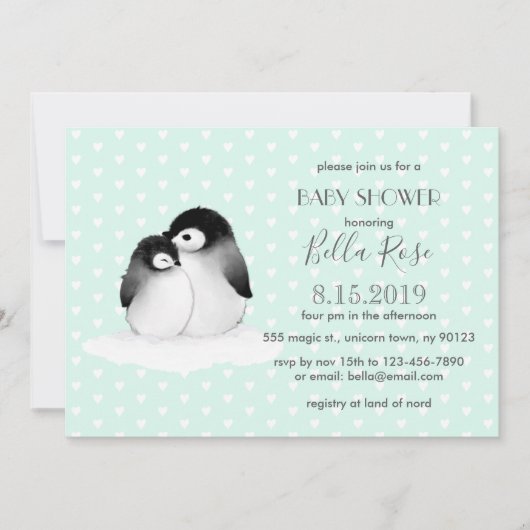Mint Gray Penguins Harten Baby shower Kaart (Voorkant)