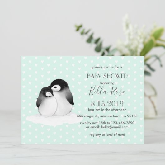 Mint Gray Penguins Harten Baby shower Kaart (Staand voorkant)
