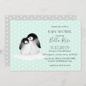 Mint Gray Penguins Harten Baby shower Kaart (Voorkant / Achterkant)