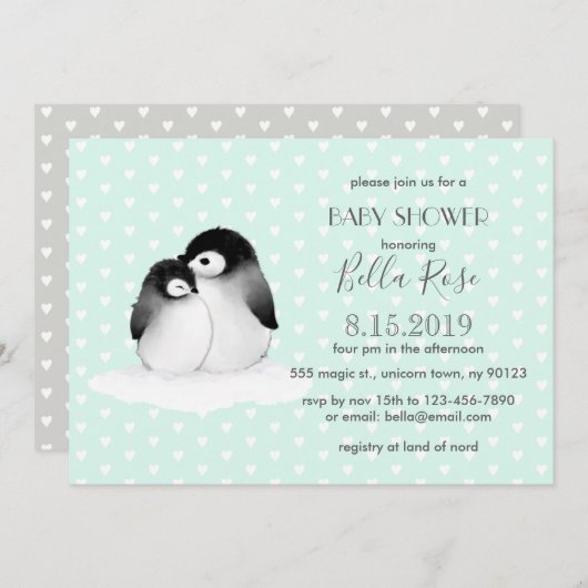 Mint Gray Penguins Harten Baby shower Kaart (Voorkant / Achterkant)
