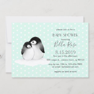 Mint Gray Penguins Harten Baby shower Kaart
