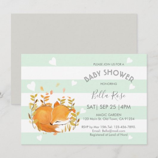 Mint Gray Woodland Fox Baby Shower Invitaties Kaart (Voorkant / Achterkant)
