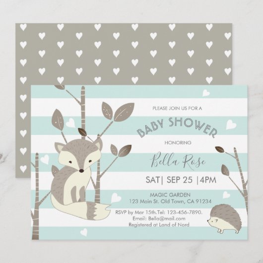 Mint Gray Woodland Fox Hegel Baby shower Kaart (Voorkant / Achterkant)