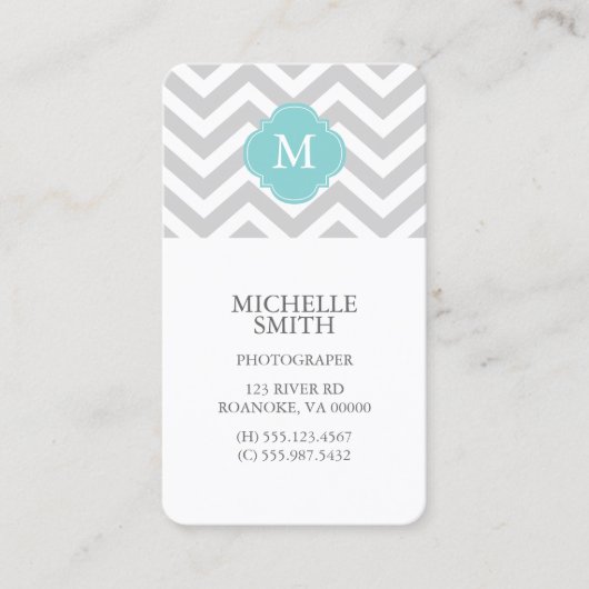 Mint & Gray Zigzags Patroonmonogram Visitekaartje (Voorkant)