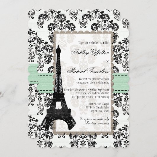 Mint Green and Black Damask Eiffel Tower Wedding Kaart (Voorkant / Achterkant)