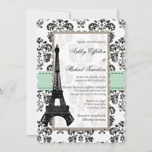 Mint Green and Black Damask Eiffel Tower Wedding Kaart (Voorkant)