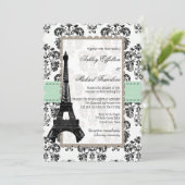 Mint Green and Black Damask Eiffel Tower Wedding Kaart (Staand voorkant)
