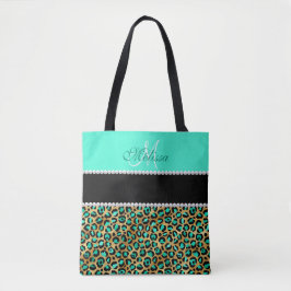 Mint Green and Black Leopard Print Monogramed Tote Bag