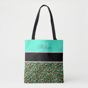 Mint Green and Black Leopard Print Monogramed Tote Bag