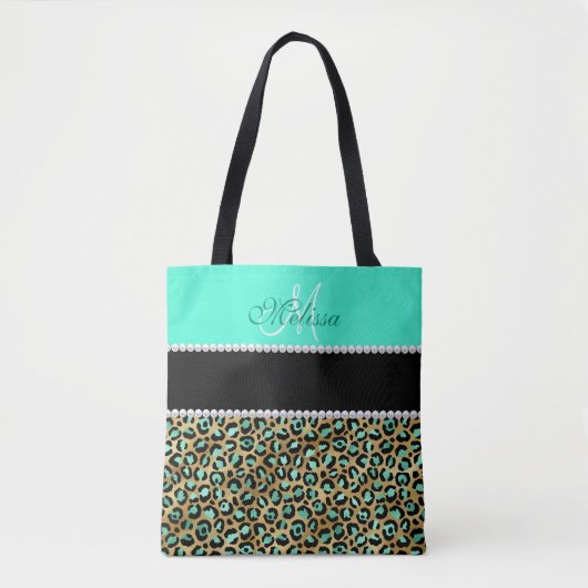 Mint Green and Black Leopard Print Monogramed Tote Bag (Voorkant)