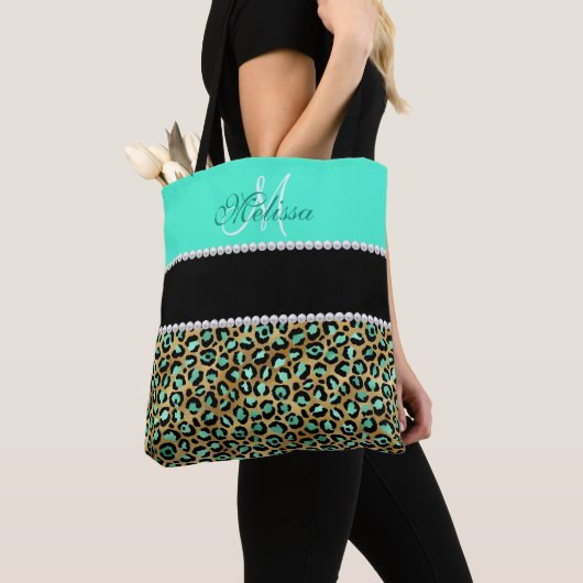 Mint Green and Black Leopard Print Monogramed Tote Bag (Dichtbij)