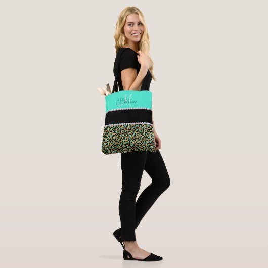 Mint Green and Black Leopard Print Monogramed Tote Bag (Op model)