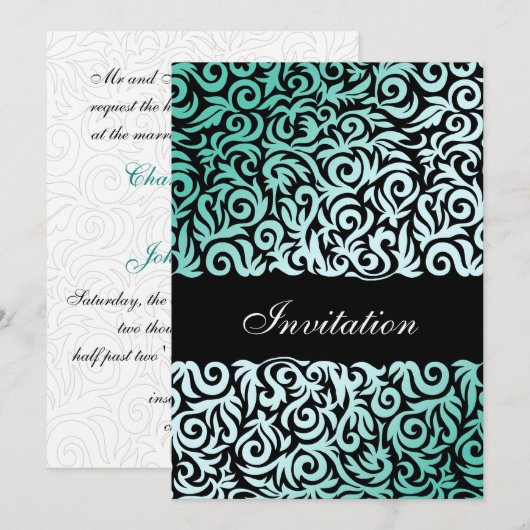 Mint Green and Black Swirling Border Wedding Kaart (Voorkant / Achterkant)