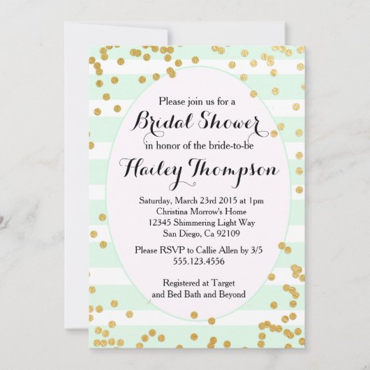 Mint Green and Gold Bridal Shower Invitation Kaart (Voorkant)