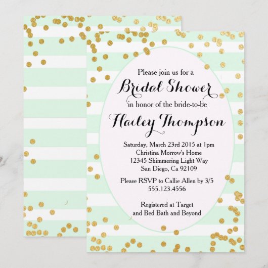 Mint Green and Gold Bridal Shower Invitation Kaart (Voorkant / Achterkant)