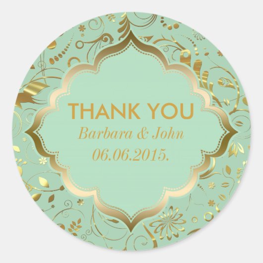 Mint Green and Gold Floral Fabric Pattern Ronde Sticker (Voorkant)
