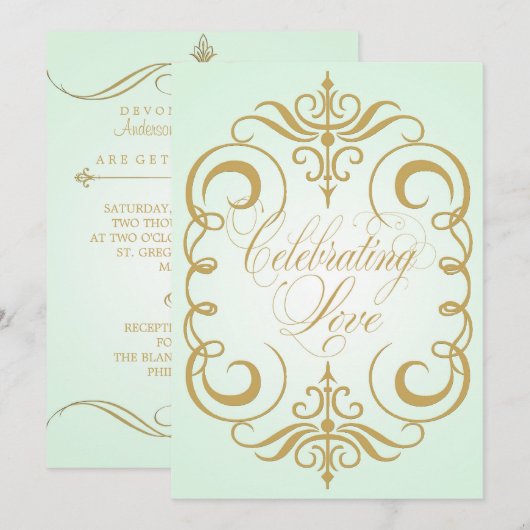 Mint Green and Gold Swirl Wedding Invitation Kaart (Voorkant / Achterkant)