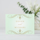 Mint Green and Gold Swirl Wedding Response Cards RSVP Kaartje (Staand voorkant)