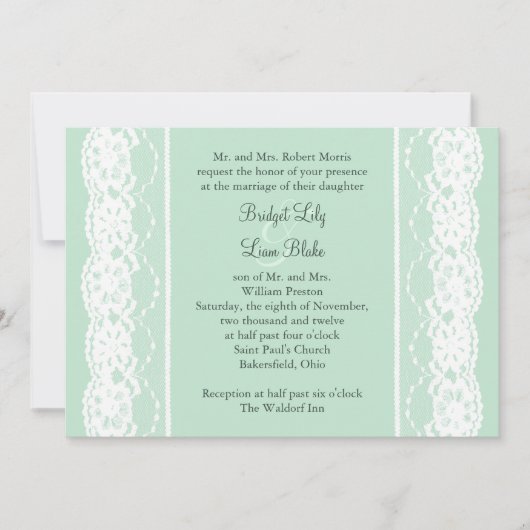 Mint Green and  Lace Wedding Invitation Kaart (Voorkant)