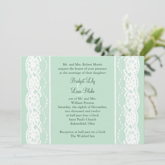 Mint Green and Lace Wedding Invitation Kaart (Staand voorkant)