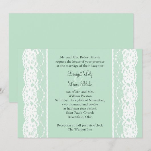 Mint Green and  Lace Wedding Invitation Kaart (Voorkant / Achterkant)