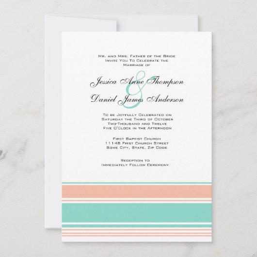 Mint Green and Peach Stripes Wedding Invitation Kaart (Voorkant)
