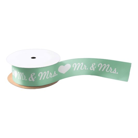 Mint Green and White Heart Mr. & Mrs Wedding Satijnen Lint (Spoel)