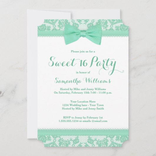 Mint Green and White Lace Bow Sweet 16 Party Kaart (Voorkant)