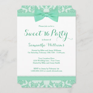 Mint Green and White Lace Bow Sweet 16 Party Kaart
