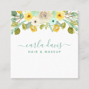 Mint Green and Yellow Floral Elegant Makeup Artist Vierkante Visitekaartje