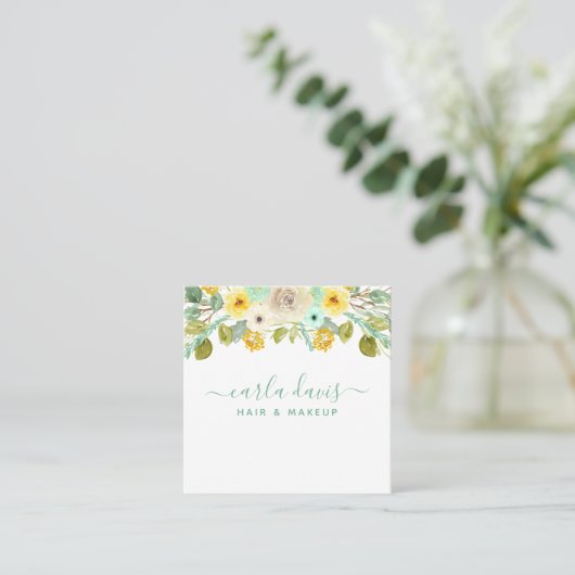 Mint Green and Yellow Floral Elegant Makeup Artist Vierkante Visitekaartje (Staand voorkant)
