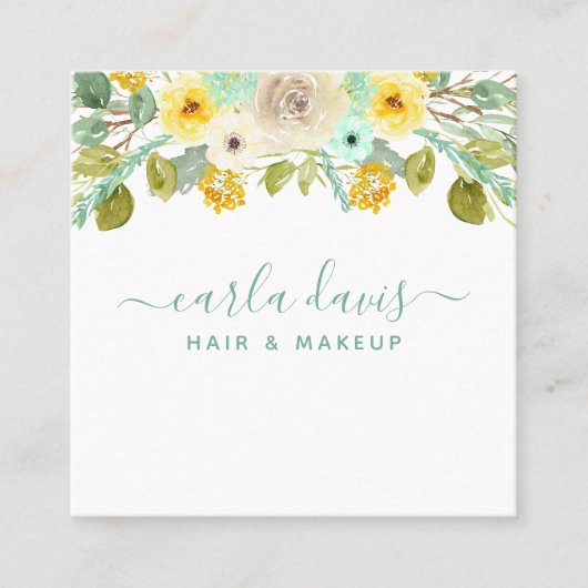 Mint Green and Yellow Floral Elegant Makeup Artist Vierkante Visitekaartje (Voorkant)