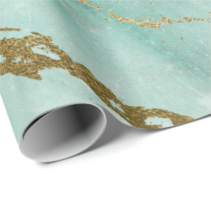 Mint Green Aqua Gold Marble Shiny Glam Cadeaupapier
