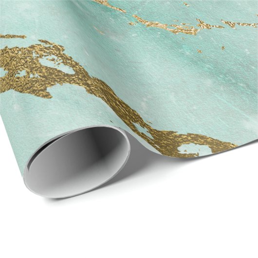 Mint Green Aqua Gold Marble Shiny Glam Cadeaupapier (Rol Hoek)
