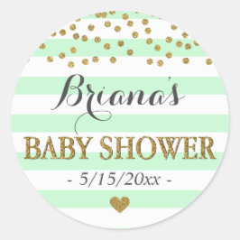 Mint Green Aqua Gold Stripe Confetti Baby shower Ronde Sticker