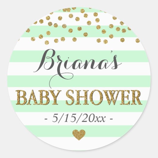 Mint Green Aqua Gold Stripe Confetti Baby shower Ronde Sticker (Voorkant)